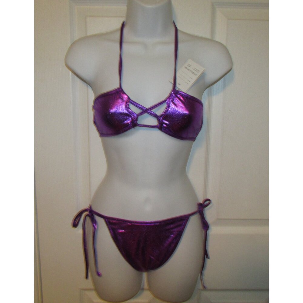 Purple Metallic Bandeau Top Thong Bikini - NEW